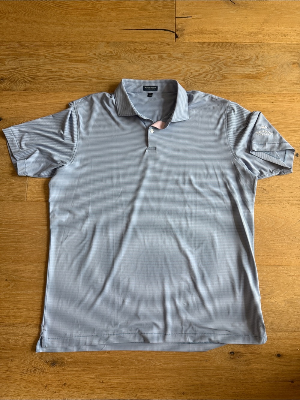 Peter Millar Pale Blue & Pink Striped Performance Polo with Bandon Dunes Logo
